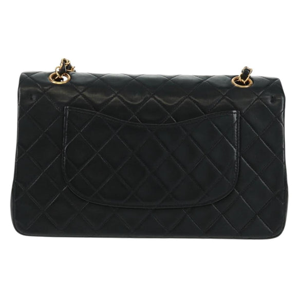CHANEL Matelasse 25 Double Flap Chain Bag Lamb Skin Black Gold CC Auth BA10555SM