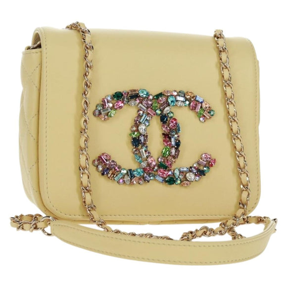 CHANEL Matelasse Chain Shoulder Bag Lamb Skin Yellow Gold CC Auth BA10556SM