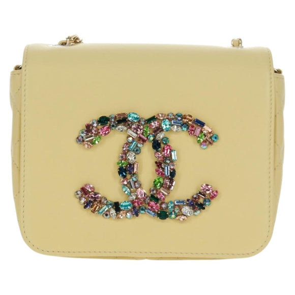 CHANEL Matelasse Chain Shoulder Bag Lamb Skin Yellow Gold CC Auth BA10556SM