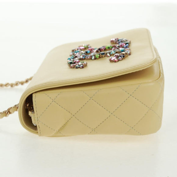 CHANEL Matelasse Chain Shoulder Bag Lamb Skin Yellow Gold CC Auth BA10556SM