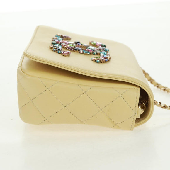 CHANEL Matelasse Chain Shoulder Bag Lamb Skin Yellow Gold CC Auth BA10556SM