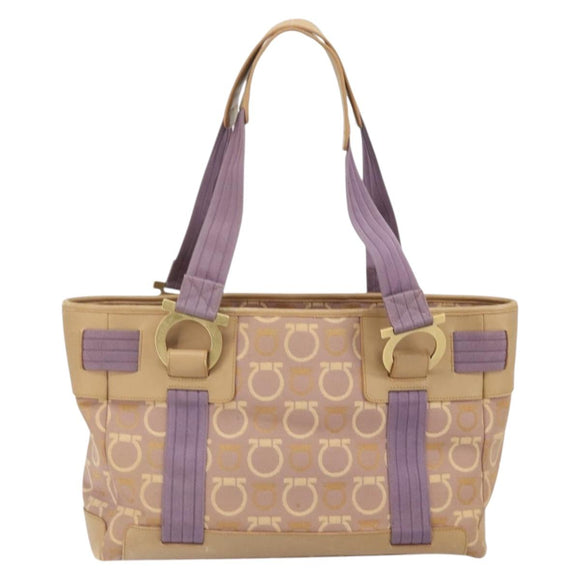 Salvatore Ferragamo Gancini Tote Bag Canvas Purple Gold Auth BA10562
