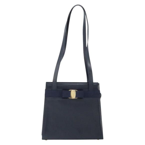 Salvatore Ferragamo Vara Ribbon Shoulder Bag Leather Navy Gold Auth BA10602