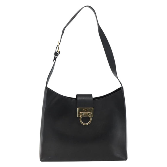 Salvatore Ferragamo Gancini Shoulder Bag Leather Black Gold Auth BA10603