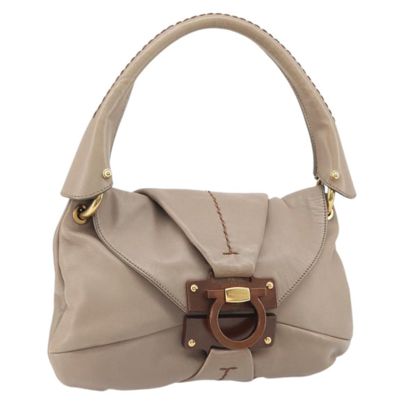 Salvatore Ferragamo Gancini Hand Bag Leather Beige Gold Auth BA10615