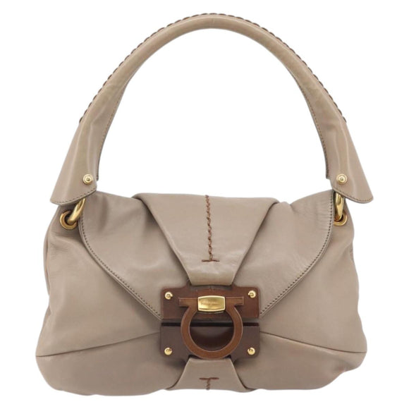 Salvatore Ferragamo Gancini Hand Bag Leather Beige Gold Auth BA10615