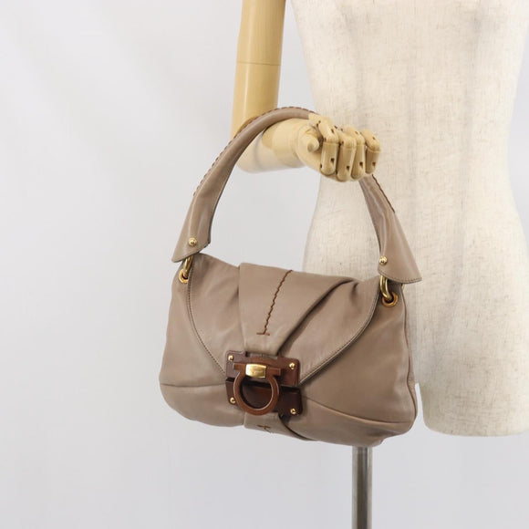 Salvatore Ferragamo Gancini Hand Bag Leather Beige Gold Auth BA10615