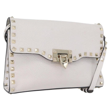 VALENTINO Shoulder Bag Leather White Gold Auth BA10633
