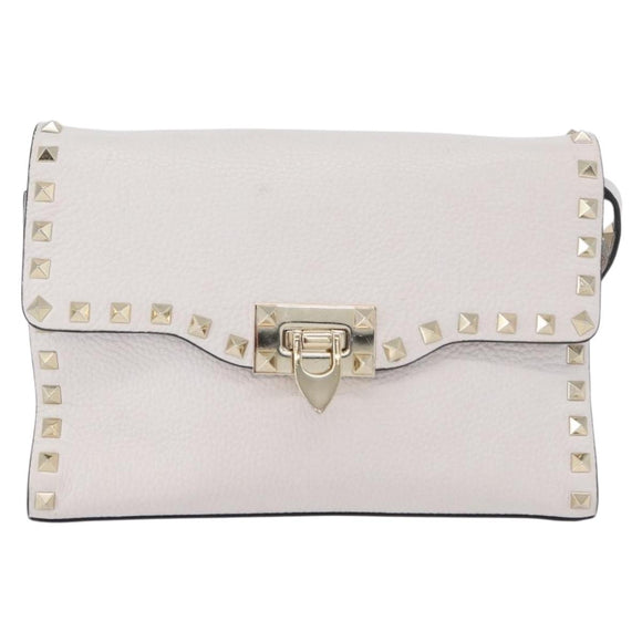 VALENTINO Shoulder Bag Leather White Gold Auth BA10633
