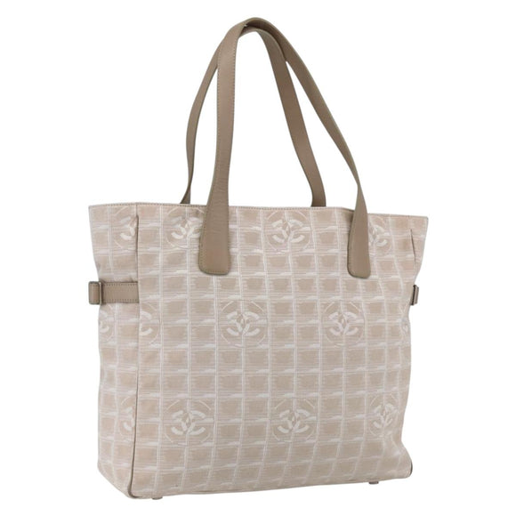 CHANEL New Travel Line Tote Bag Nylon Beige Silver CC Auth BA10644