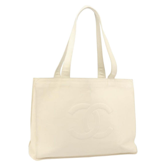 CHANEL Tote Bag Caviar Skin White CC Auth BA10649