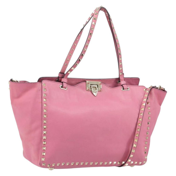 VALENTINO Studs Tote Bag Leer 2way Roze Goud Auth BA10650