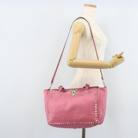 VALENTINO Studs Tote Bag Leer 2way Roze Goud Auth BA10650