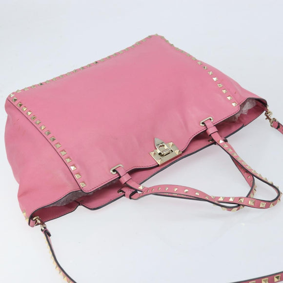 VALENTINO Studs Tote Bag Leer 2way Roze Goud Auth BA10650