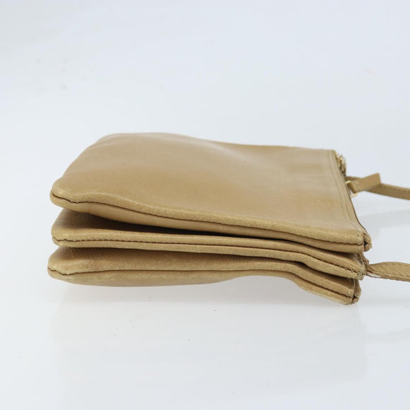 CELINE Trio Shoulder Bag Leather Beige Gold Auth BA10653