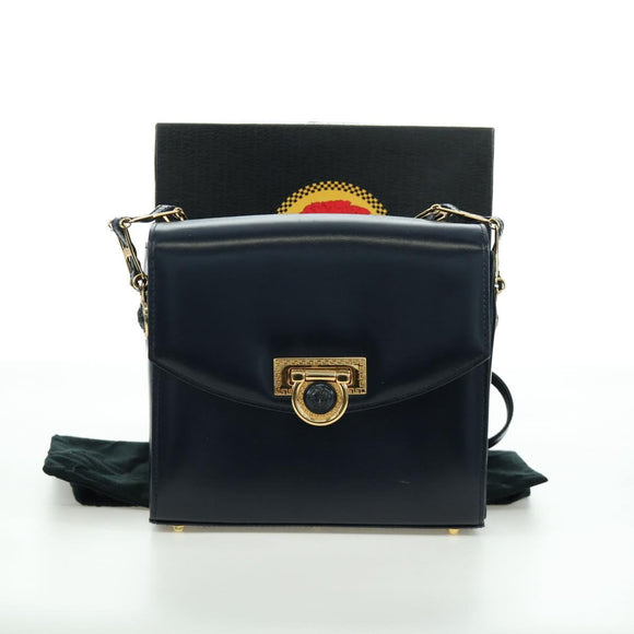 Gianni Versace Shoulder Bag Leather Navy Gold Auth BA10657V