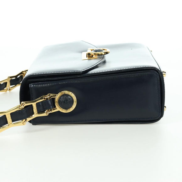 Gianni Versace Shoulder Bag Leather Navy Gold Auth BA10657V