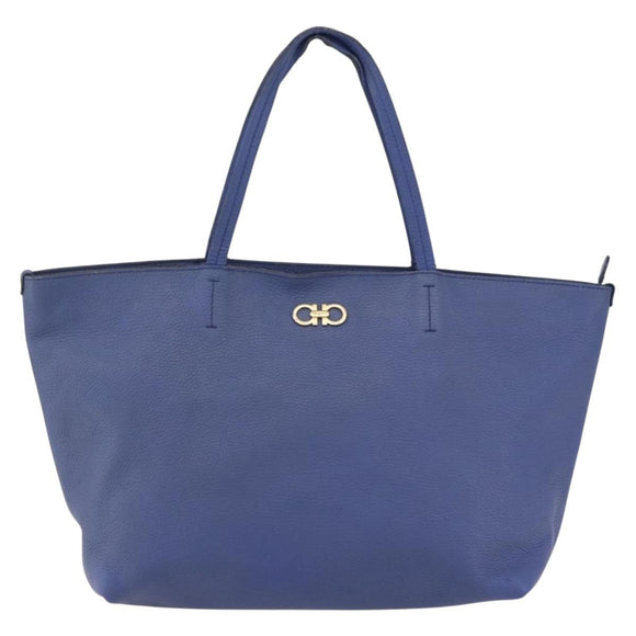 Salvatore Ferragamo Tote Bag Leather Blue Gold Auth BA10661