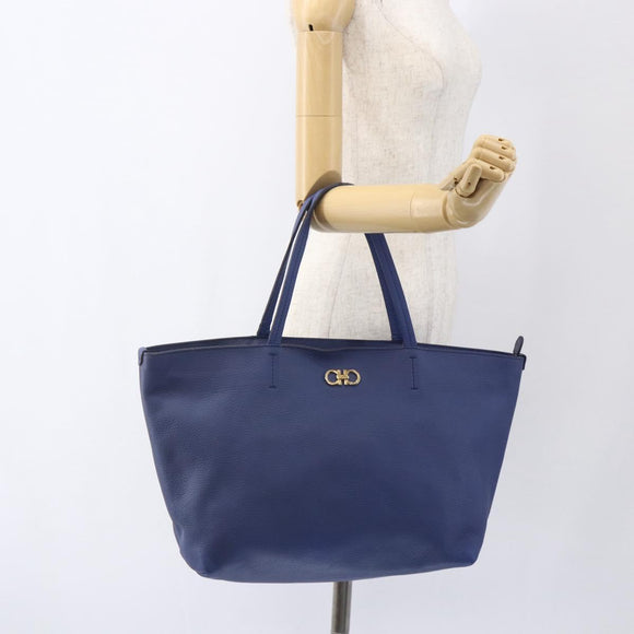 Salvatore Ferragamo Tote Bag Leather Blue Gold Auth BA10661