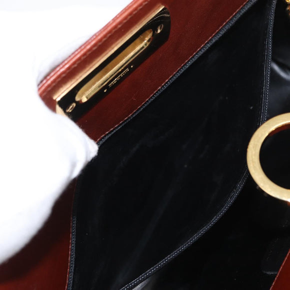 Salvatore Ferragamo Gancini Chain Shoulder Bag Leather Brown Gold Auth BA10665