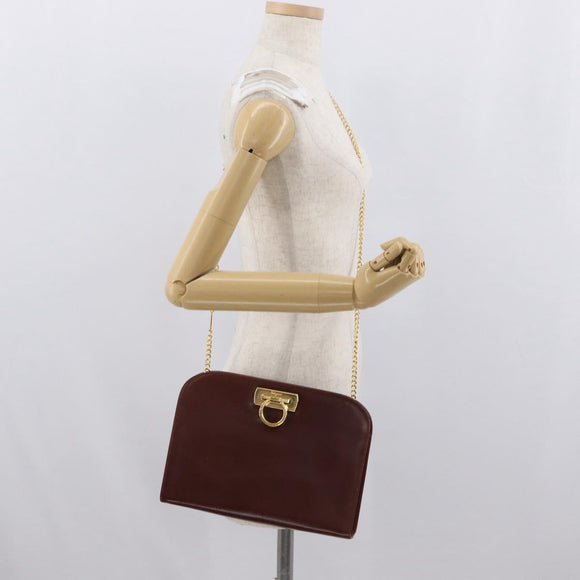 Salvatore Ferragamo Gancini Chain Shoulder Bag Leather Brown Gold Auth BA10665
