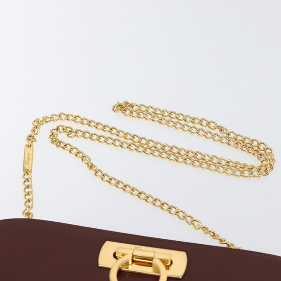 Salvatore Ferragamo Gancini Chain Shoulder Bag Leather Brown Gold Auth BA10665