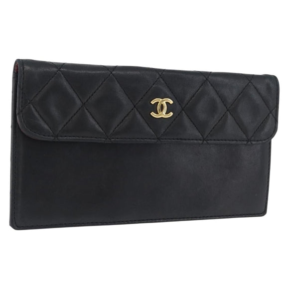 CHANEL Pouch Lamb Skin Black Gold CC Auth BA10701