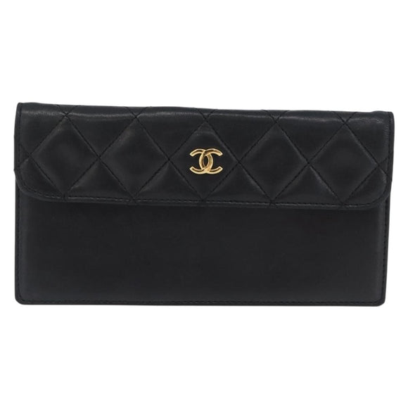 CHANEL Pouch Lamb Skin Black Gold CC Auth BA10701