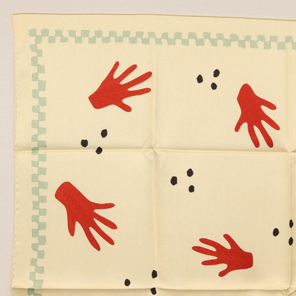 BVLGARI Hand Motif Scarf Silk ""Davide Pizzigoni"" Beige Auth BA10717V