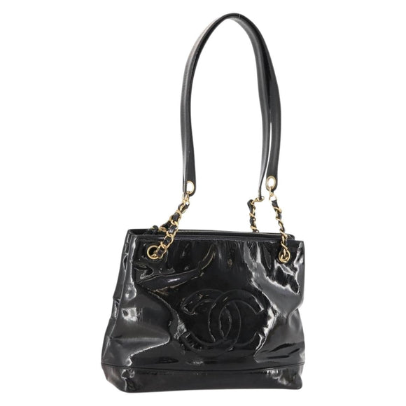 CHANEL Chain Shoulder Bag Patent leather Black Gold CC Auth BA10725