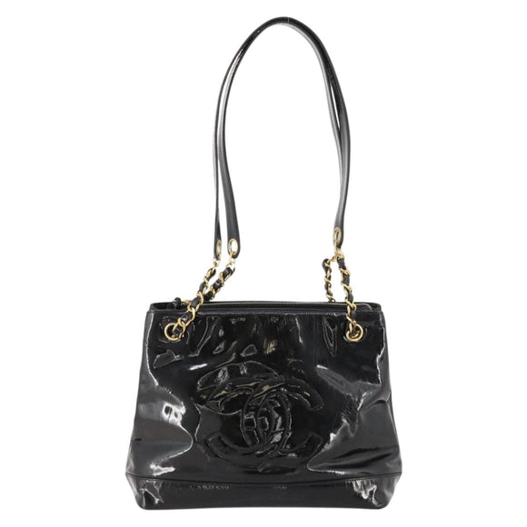 CHANEL Chain Shoulder Bag Patent leather Black Gold CC Auth BA10725
