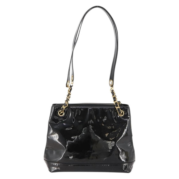CHANEL Chain Shoulder Bag Patent leather Black Gold CC Auth BA10725