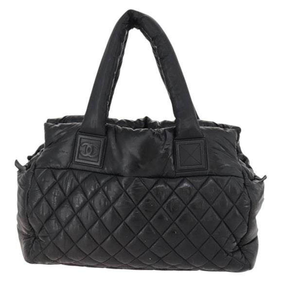 CHANEL Hand Bag Nylon Black Silver CC Auth BA10726