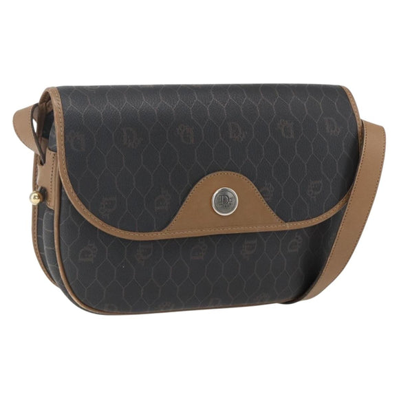 Christian Dior Honeycomb Canvas Schoudertas PVC Zwart Goud Auth BA10729