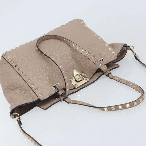 VALENTINO Rock Studs Tote Bag Leather 2way Pink Gold Auth BA10737