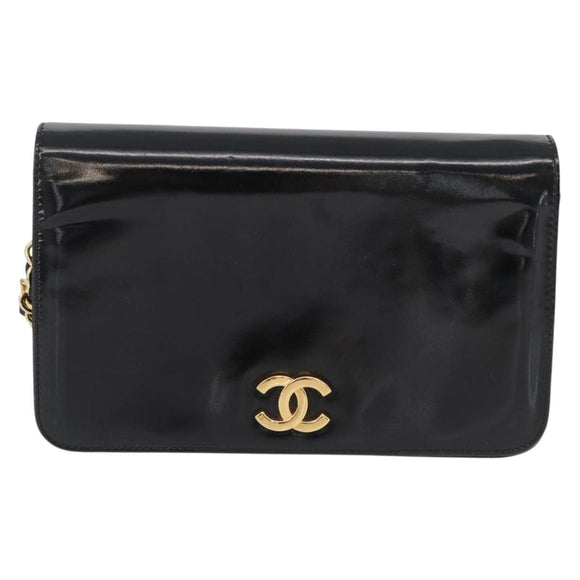 CHANEL Chain Schoudertas Lakleer Zwart Goud CC Auth BA10760