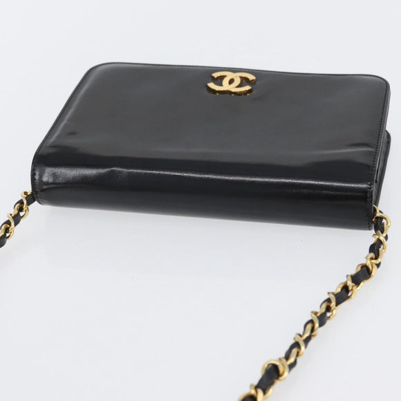 CHANEL Chain Schoudertas Lakleer Zwart Goud CC Auth BA10760