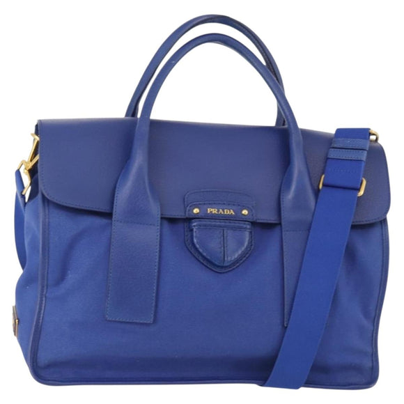 PRADA Handtas Leer Canvas 2-weg Blauw Goud Auth BA10762