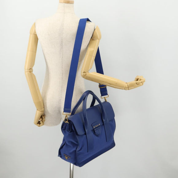 PRADA Handtas Leer Canvas 2-weg Blauw Goud Auth BA10762