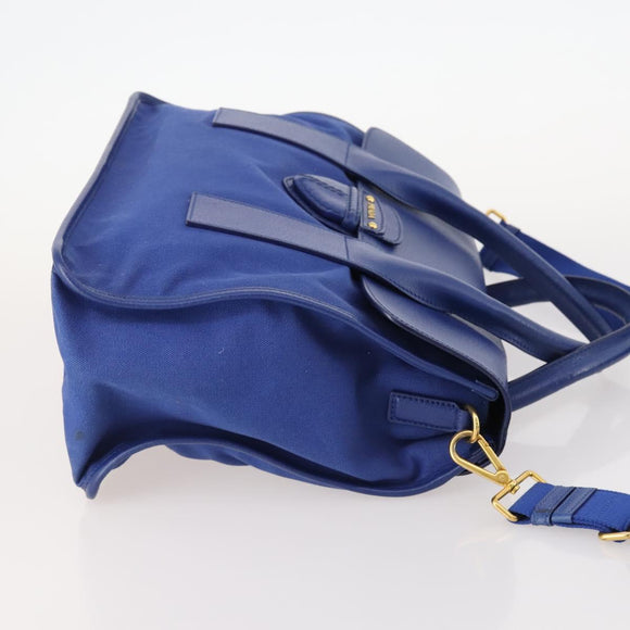 PRADA Handtas Leer Canvas 2-weg Blauw Goud Auth BA10762