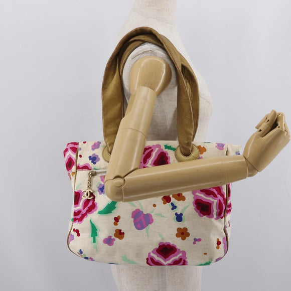 CHANEL Hand Bag Canvas Ivory Gold CC Auth BA10783