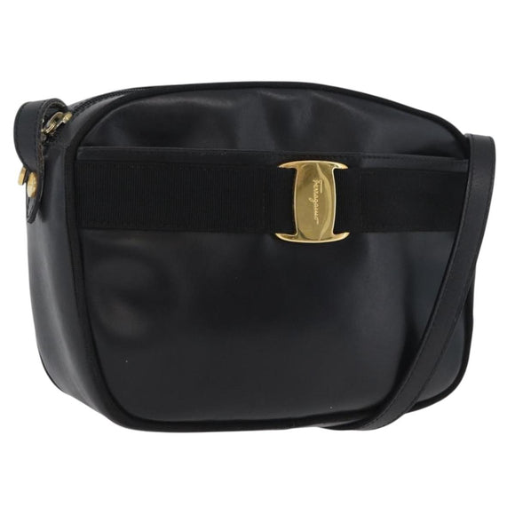 Salvatore Ferragamo Vala Shoulder Bag Leather Black Gold Auth BA10794