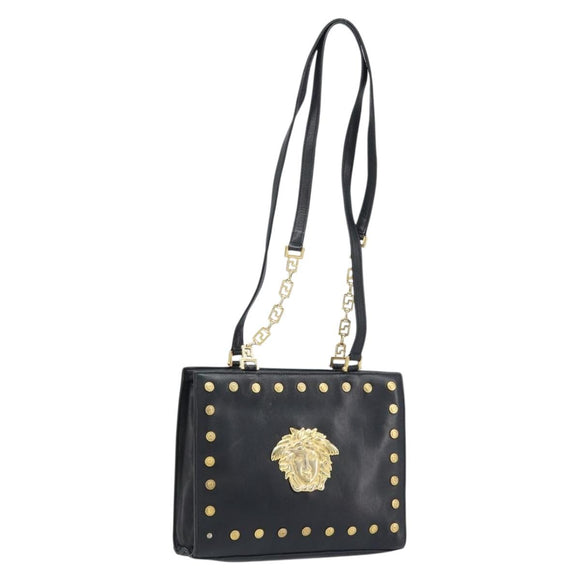 Gianni Versace Shoulder Bag Leather Black Gold Auth BA10801