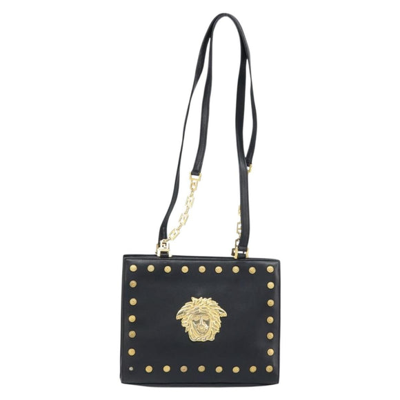 Gianni Versace Shoulder Bag Leather Black Gold Auth BA10801