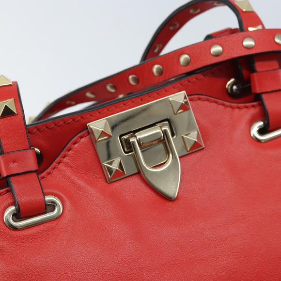 VALENTINO Rockstuds Handtas Leer 2-weg Rood Goud Auth BA10808