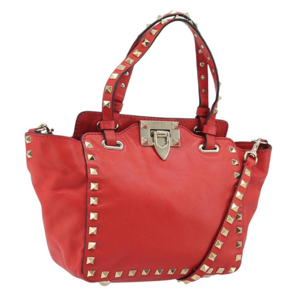 VALENTINO Rockstuds Handtas Leer 2-weg Rood Goud Auth BA10808