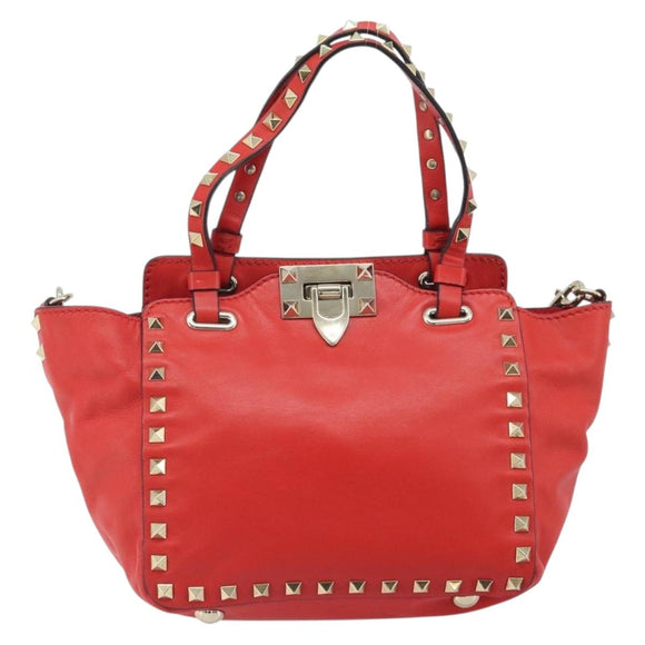 VALENTINO Rockstuds Handtas Leer 2-weg Rood Goud Auth BA10808