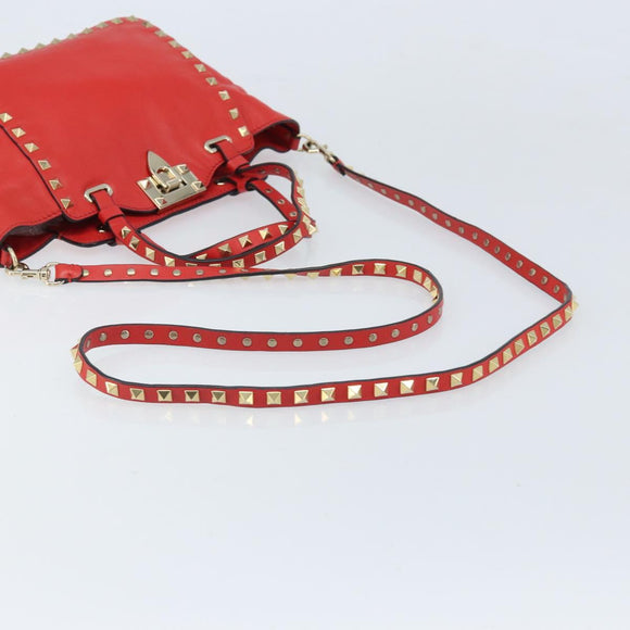 VALENTINO Rockstuds Handtas Leer 2-weg Rood Goud Auth BA10808