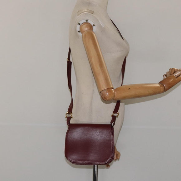 CARTIER Must Line Shoulder Bag Leather Wine Red Gold Auth BA1082