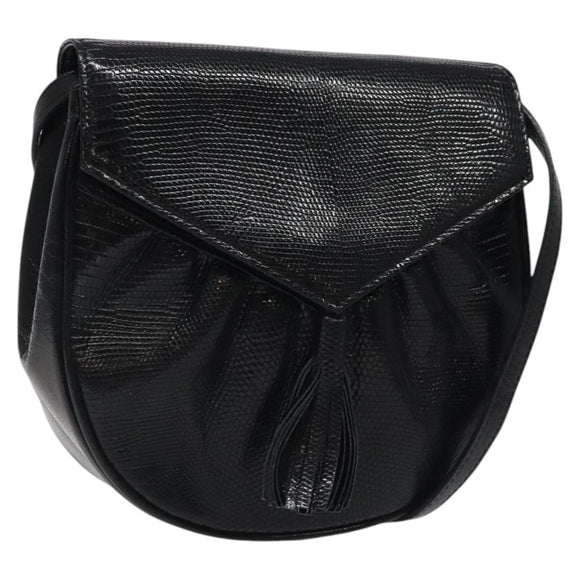 SAINT LAURENT Shoulder Bag Leather Embossed Black Gold Auth BA1084